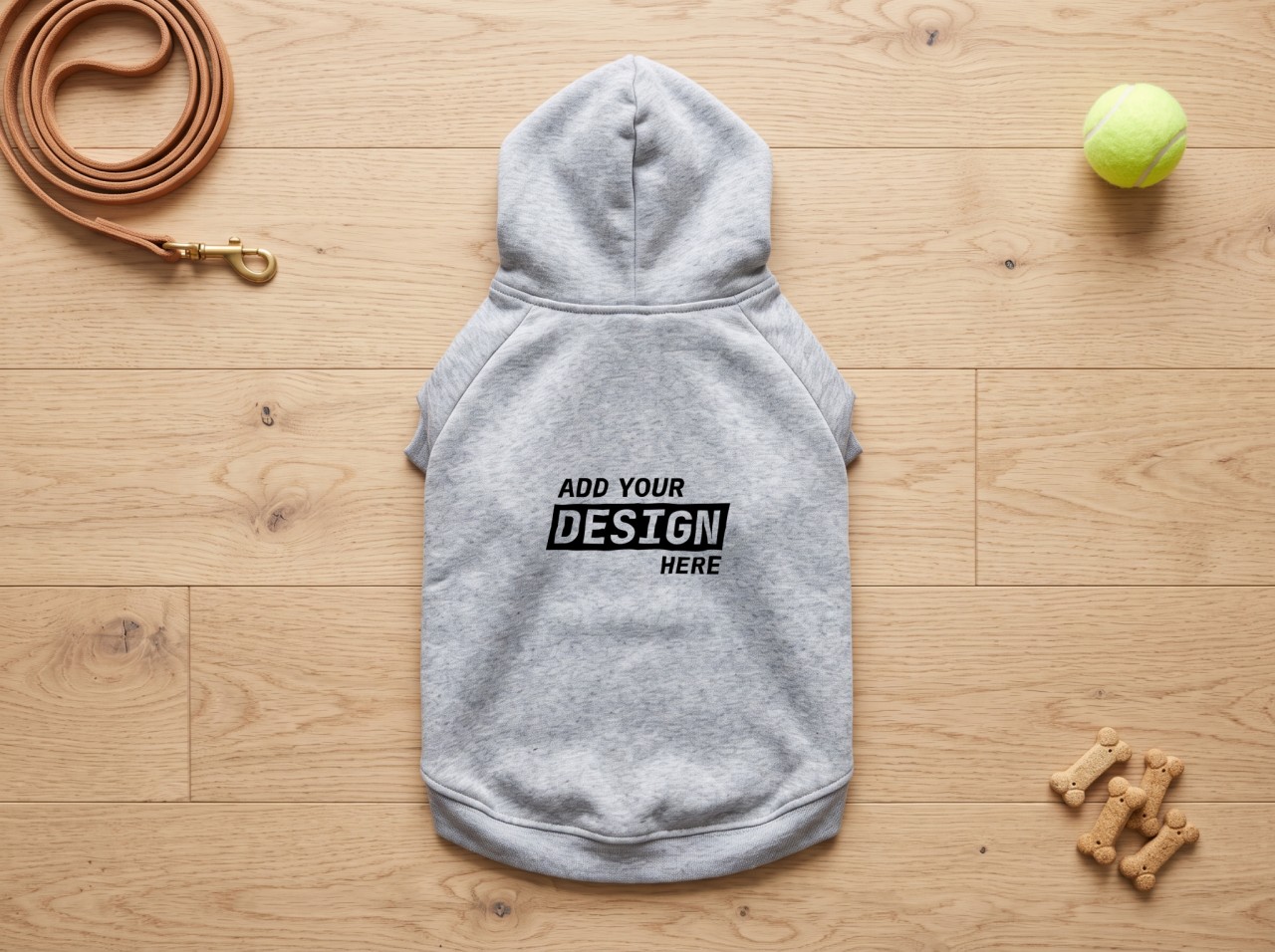 Grey Dog Hoodie Flat Lay Mockup on an Oak Floor