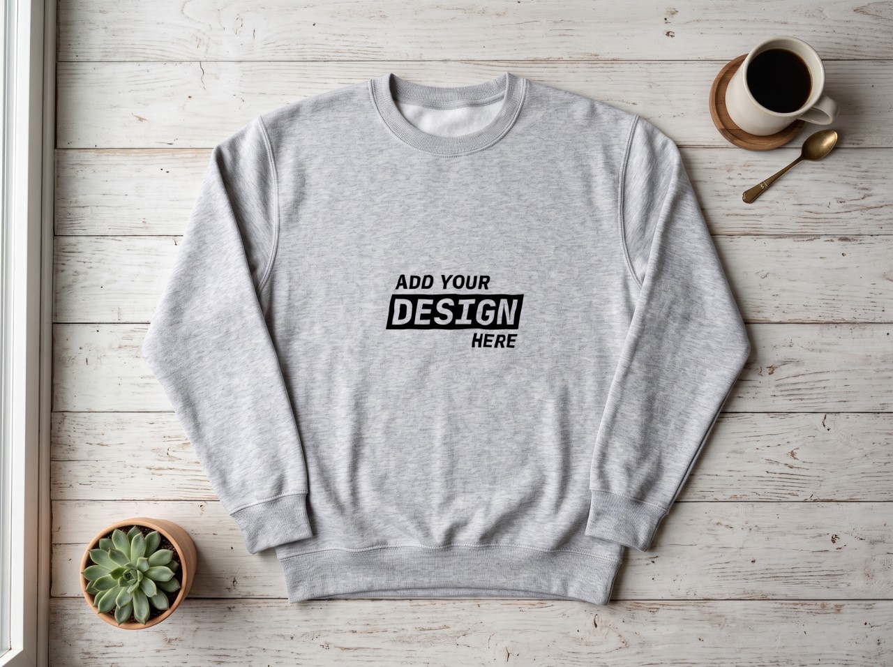 Grey Sweatshirt Flat Lay Mockup on White Wood