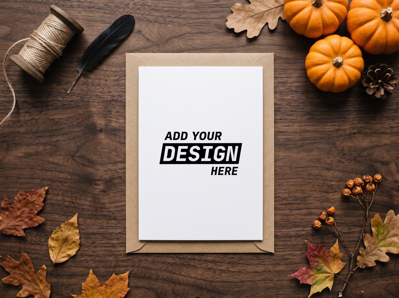 Halloween Greeting Card Mockup on a Kraft Envelope with Pumpkins