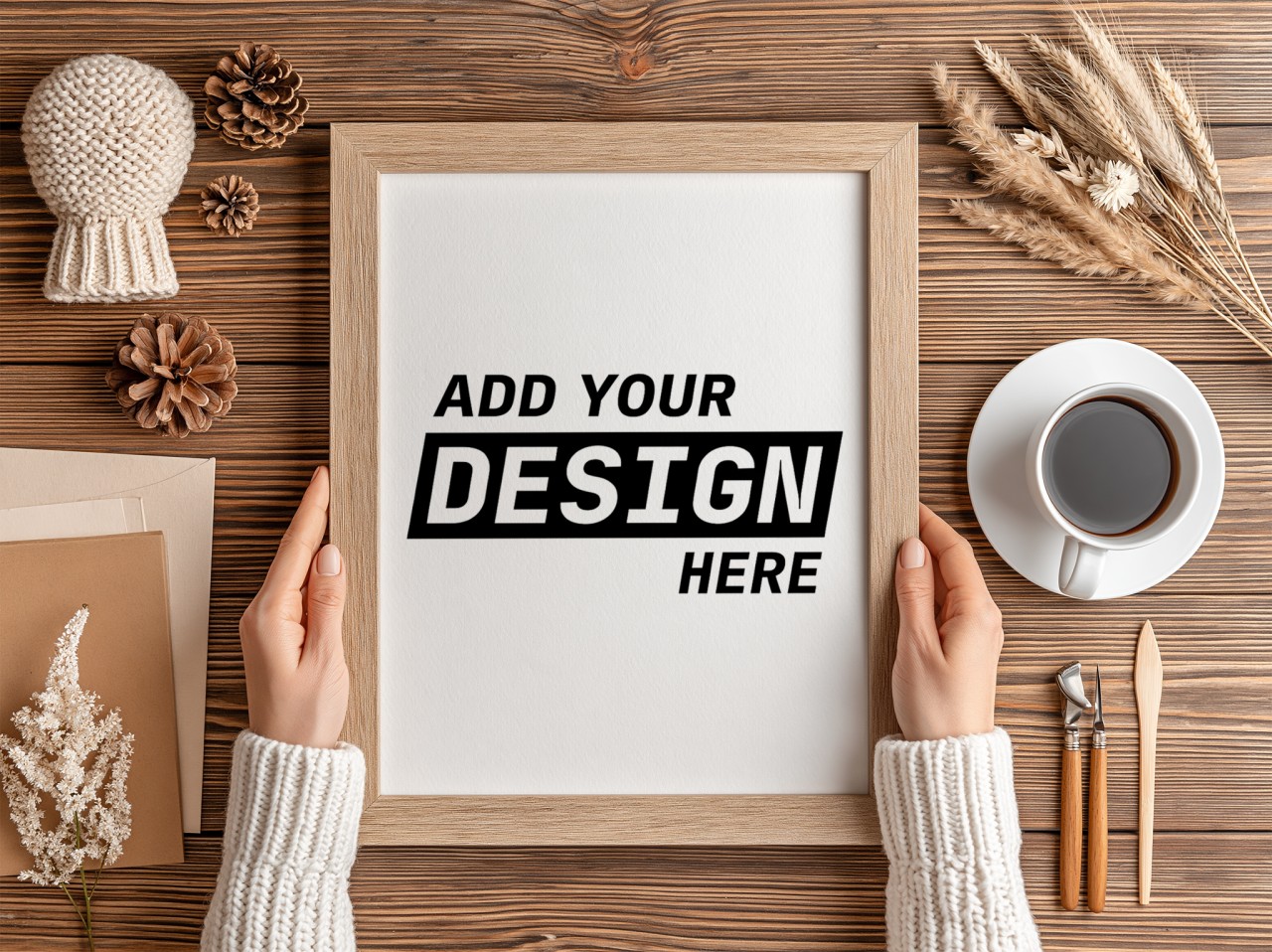 Hands Holding Oak Frame on Wooden Desk