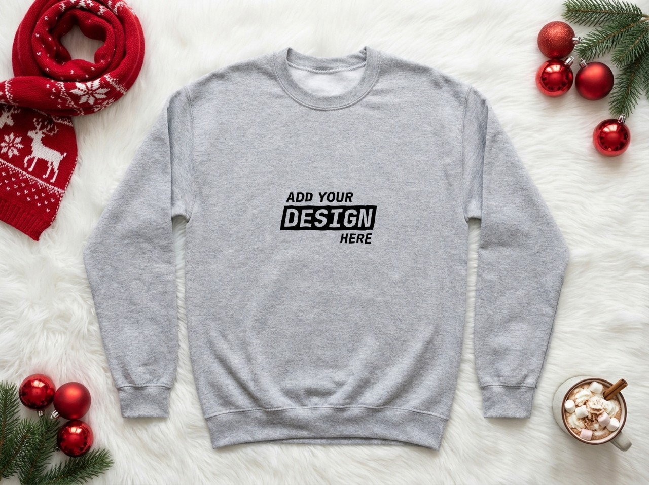 Heather Grey Sweatshirt Christmas Mockup on Faux Fur with a Reindeer Scarf