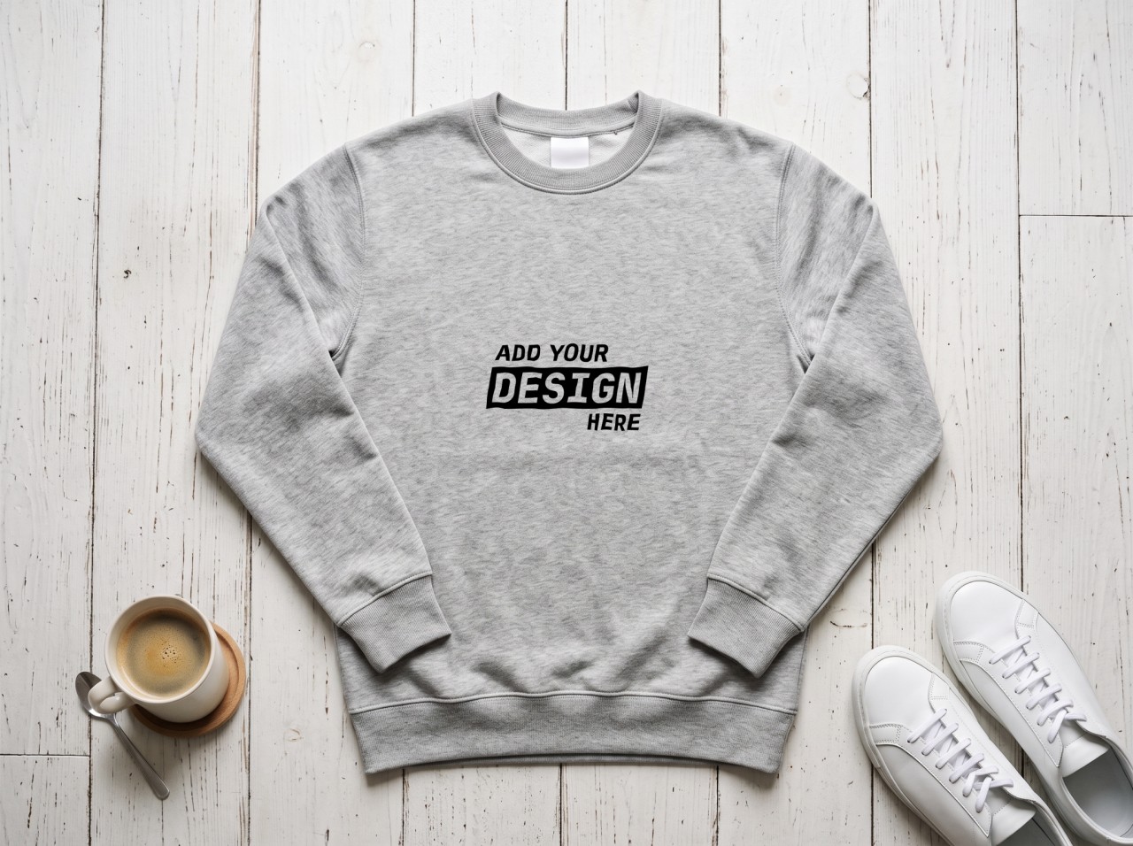 Heather Grey Sweatshirt Flat Lay Mockup on a White Wood Floor