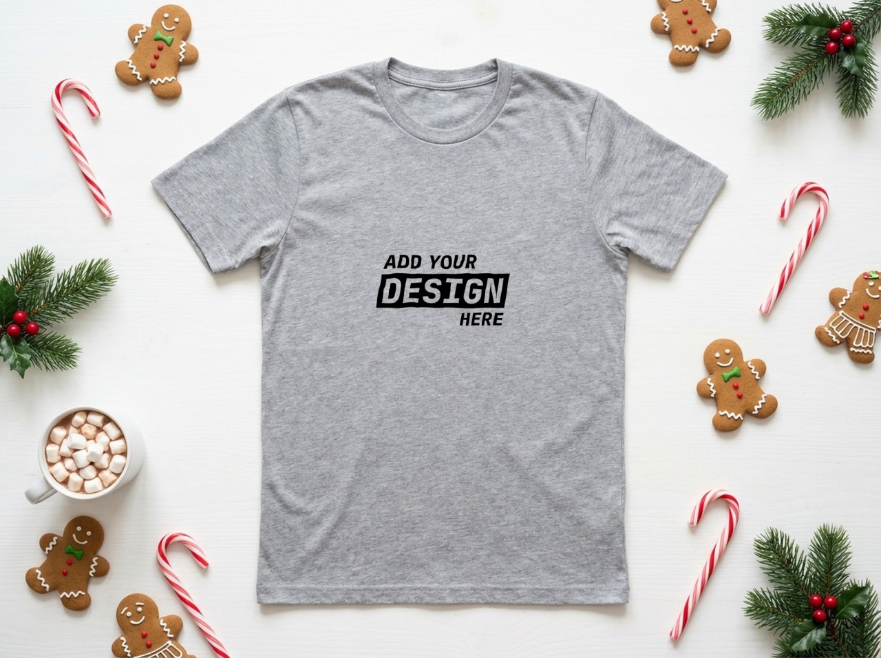 Heather Grey T-Shirt Christmas Mockup Flat Lay with Gingerbread and Candy Canes