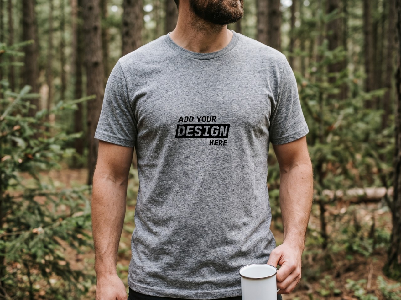 Heather Grey T-Shirt Mockup on a Man in a Pine Forest