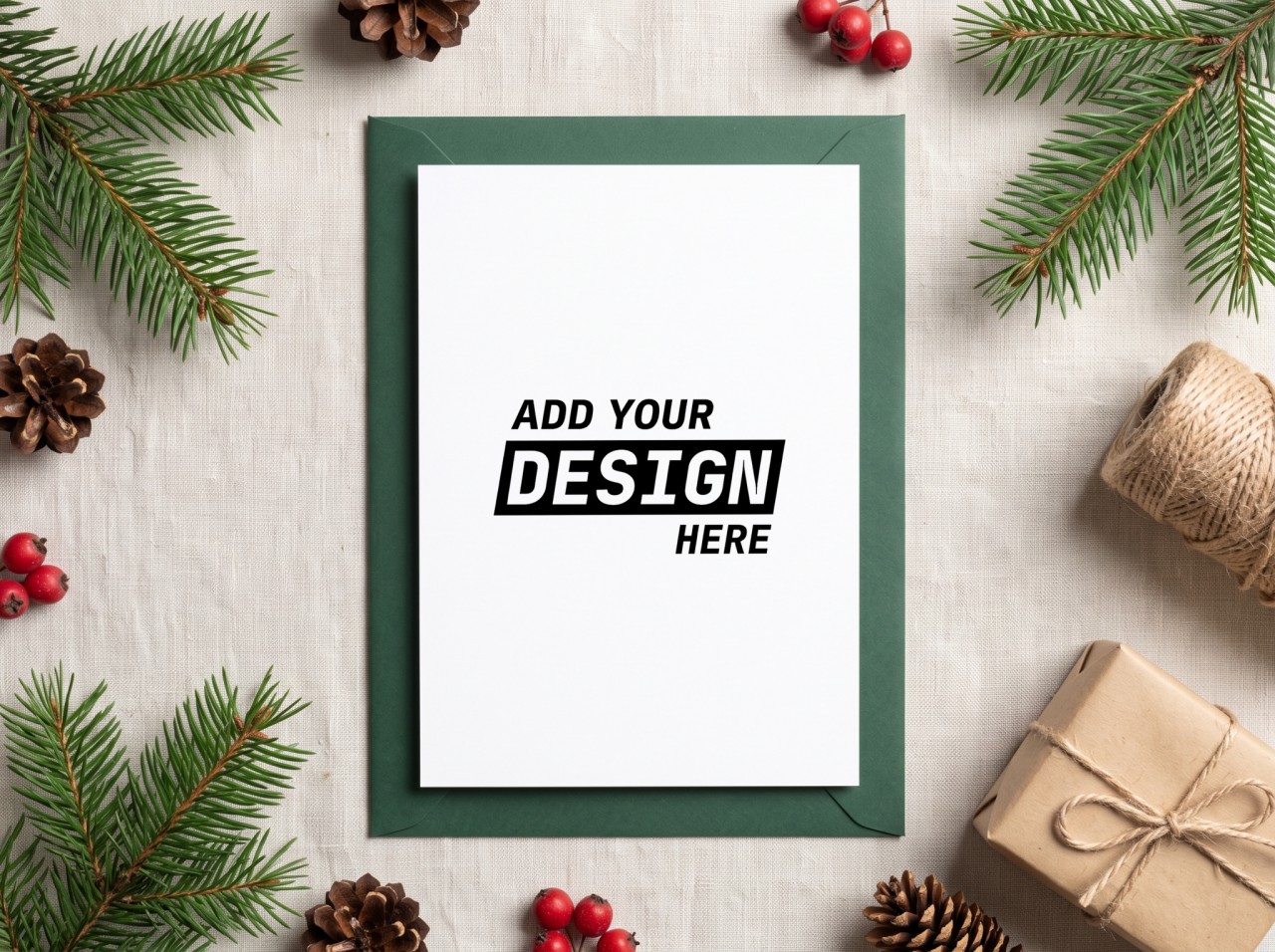 Holiday Card Mockup with Pine Branches and a Green Envelope