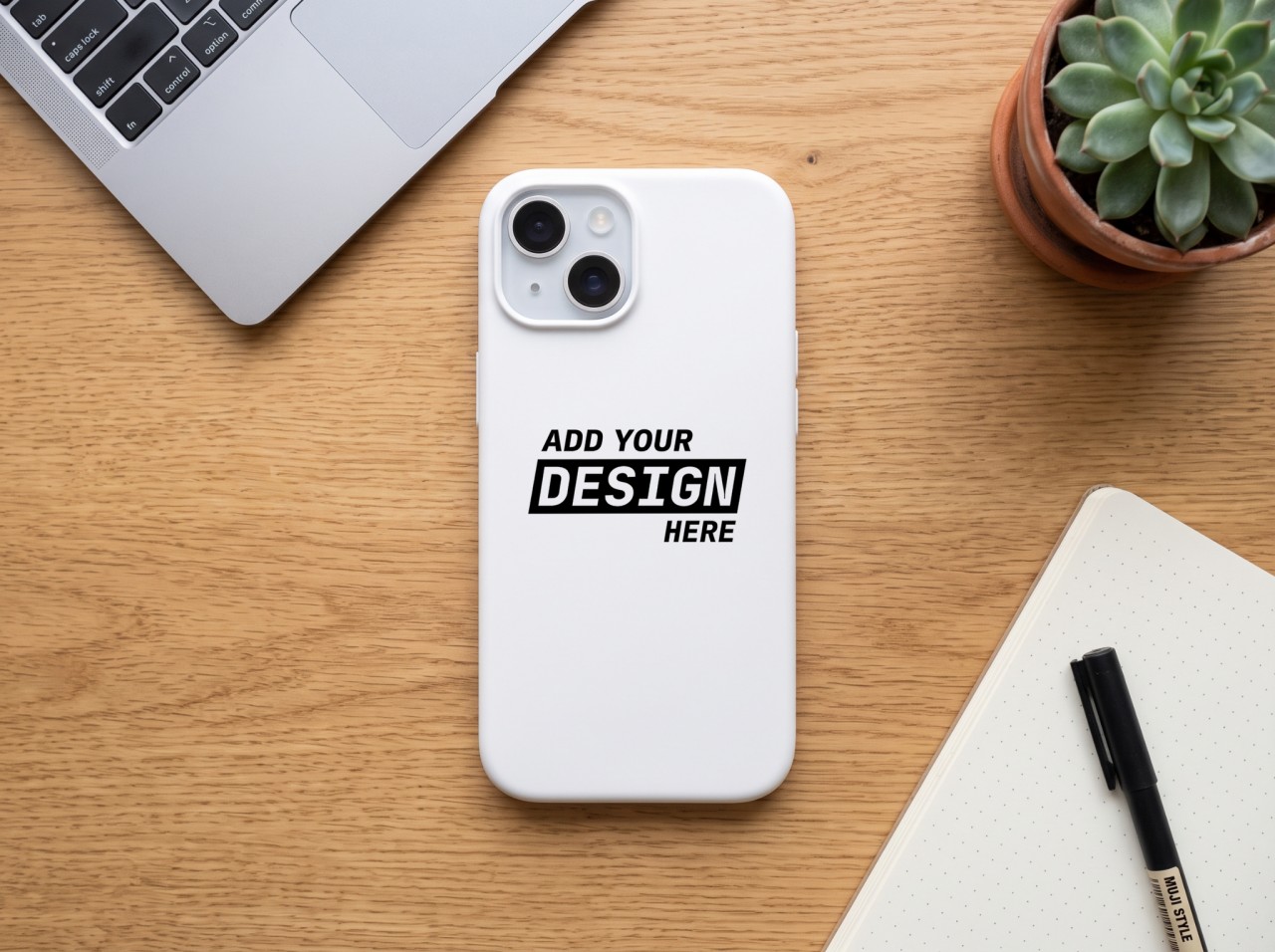 iPhone 15 Case Mockup on an Oak Desk (fits iPhone 13 and 14)