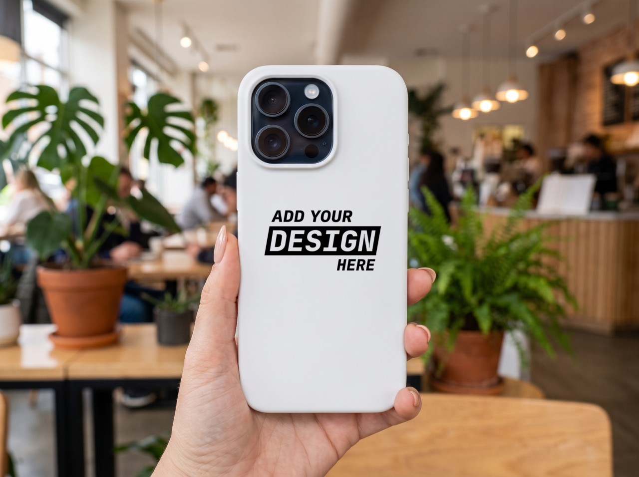iPhone 15 Pro Case Mockup Held in a Hand in a Café