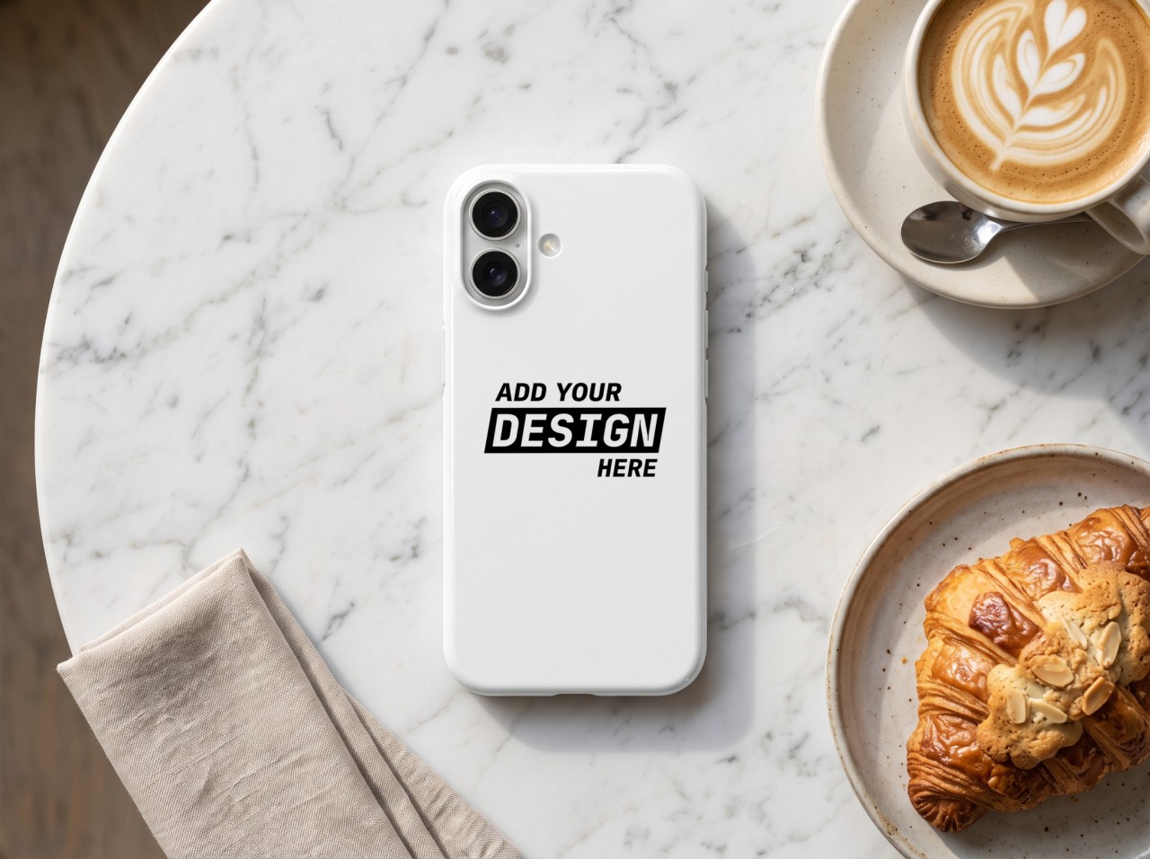 iPhone 16 Case Mockup on a Marble Café Table