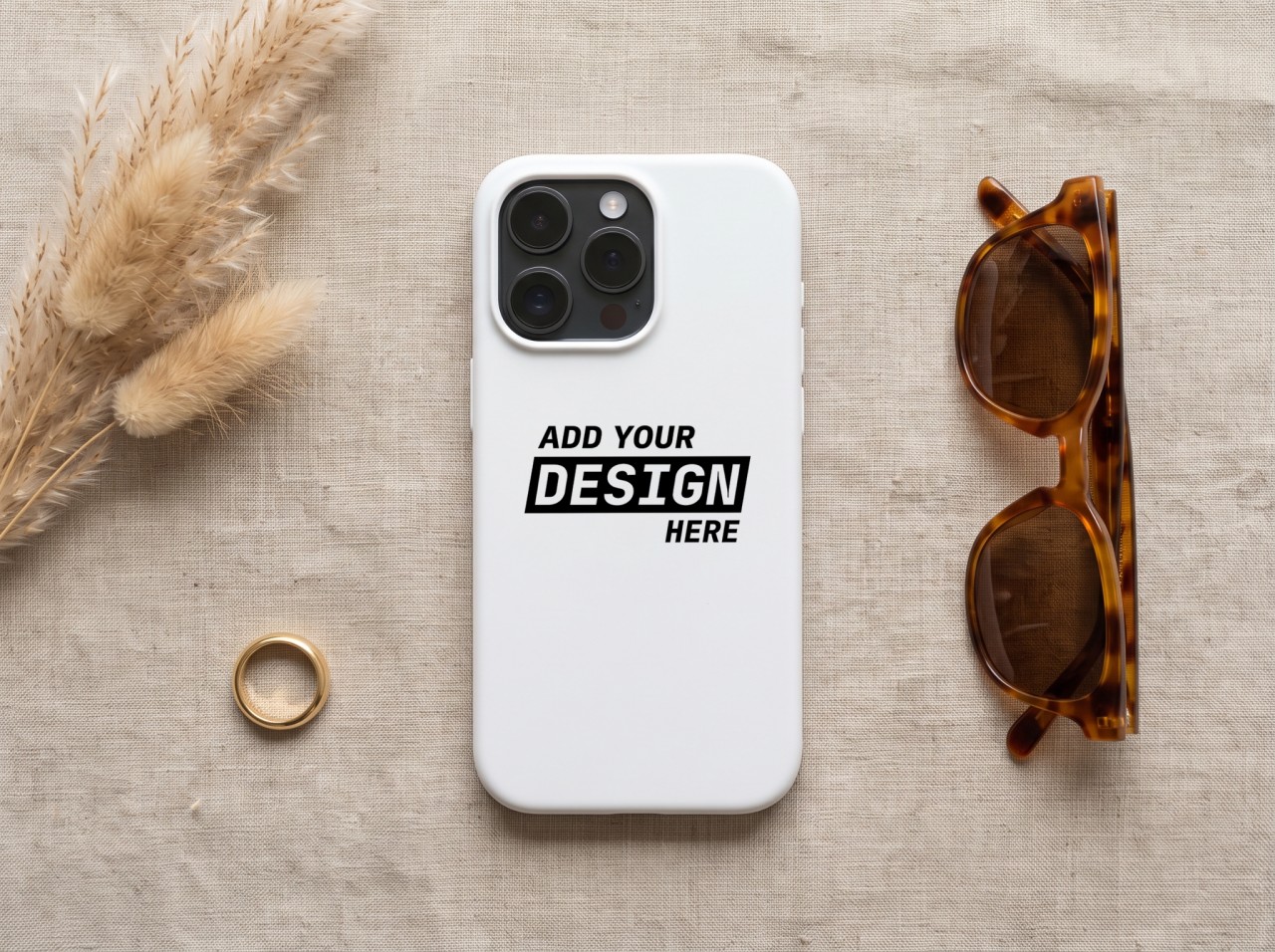 iPhone 16 Pro Case Mockup on Linen with Pampas Grass