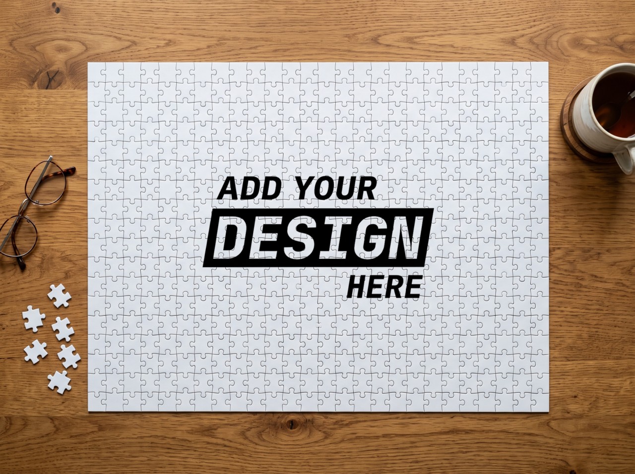 Assembled Jigsaw Puzzle Mockup on a Wooden Table