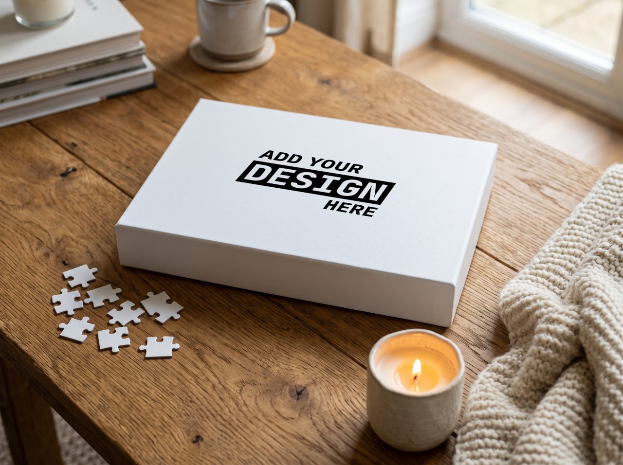 Jigsaw Puzzle Box Mockup on a Wooden Coffee Table