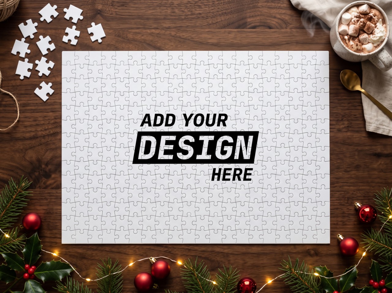 Jigsaw Puzzle Christmas Mockup on a Walnut Table with Hot Cocoa