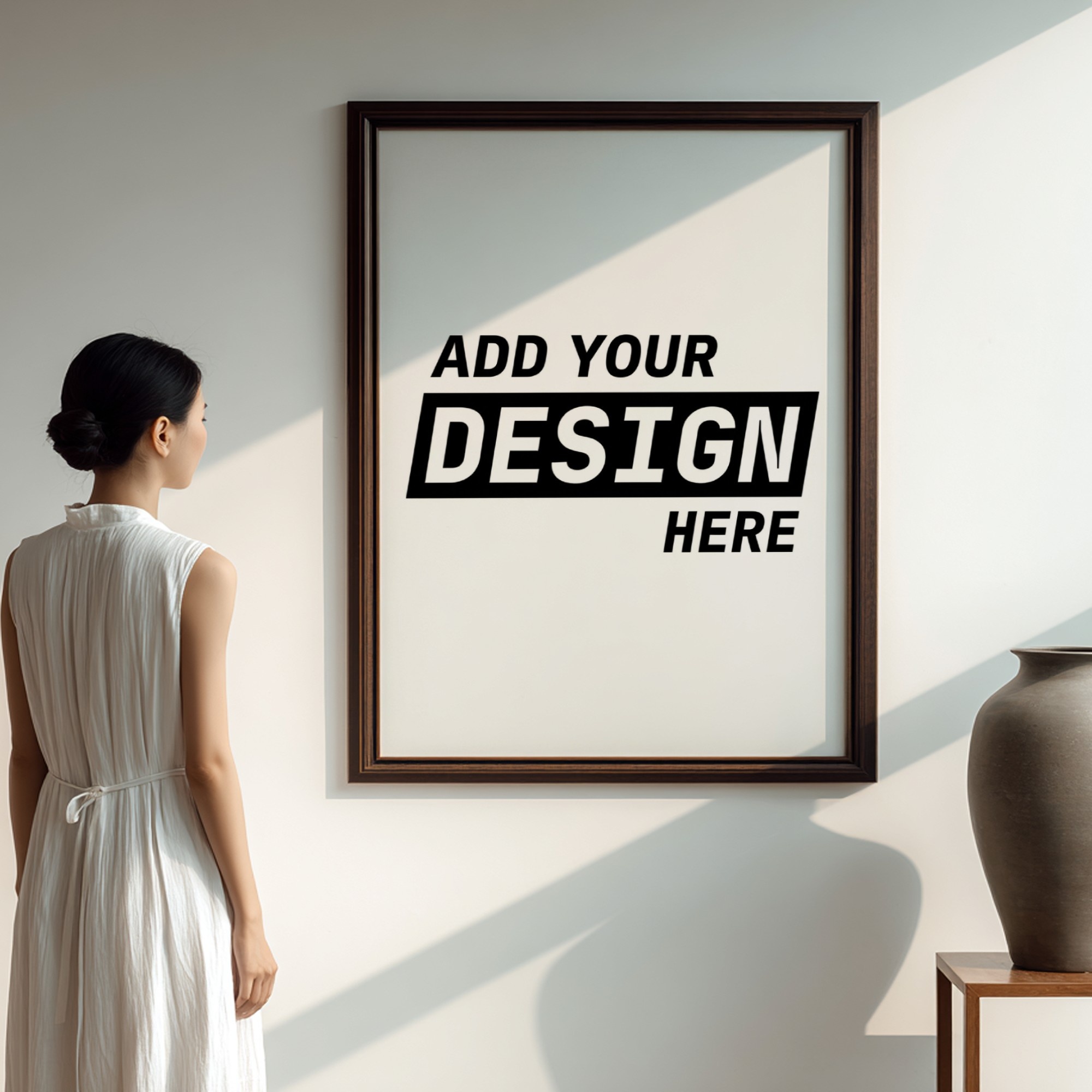 Poster PSD mockup, a lady staring in a poster in a living room