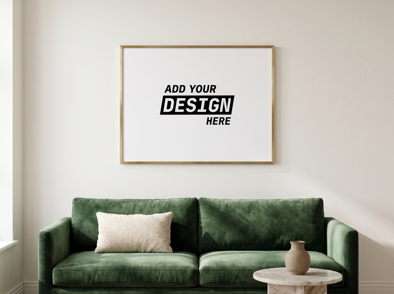 Landscape Brass Frame Green Velvet Sofa Mockup