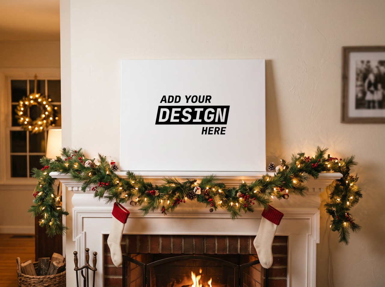 Landscape Canvas Mockup on a Christmas Fireplace Mantel