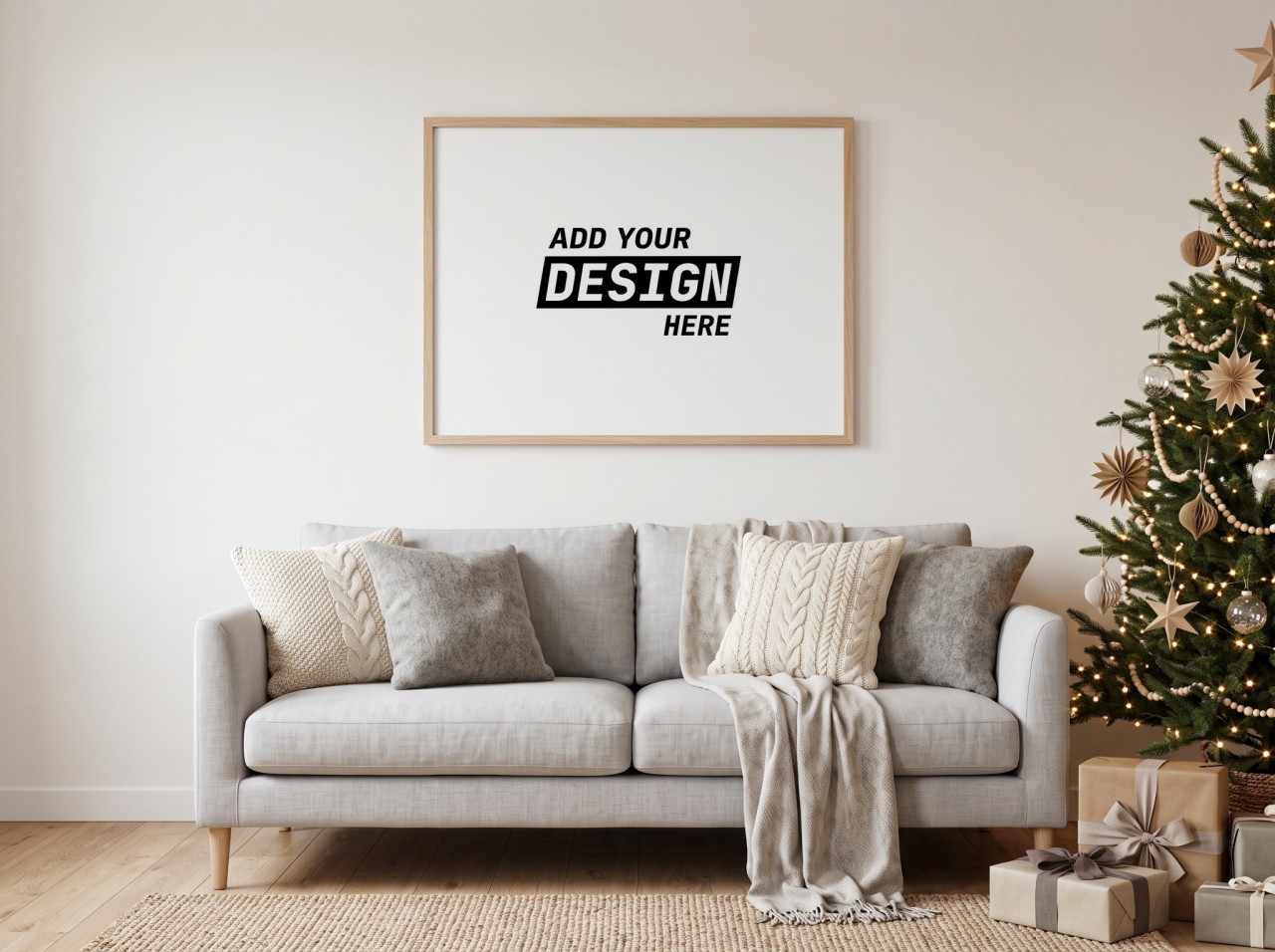 Landscape Oak Frame Christmas Sofa Mockup