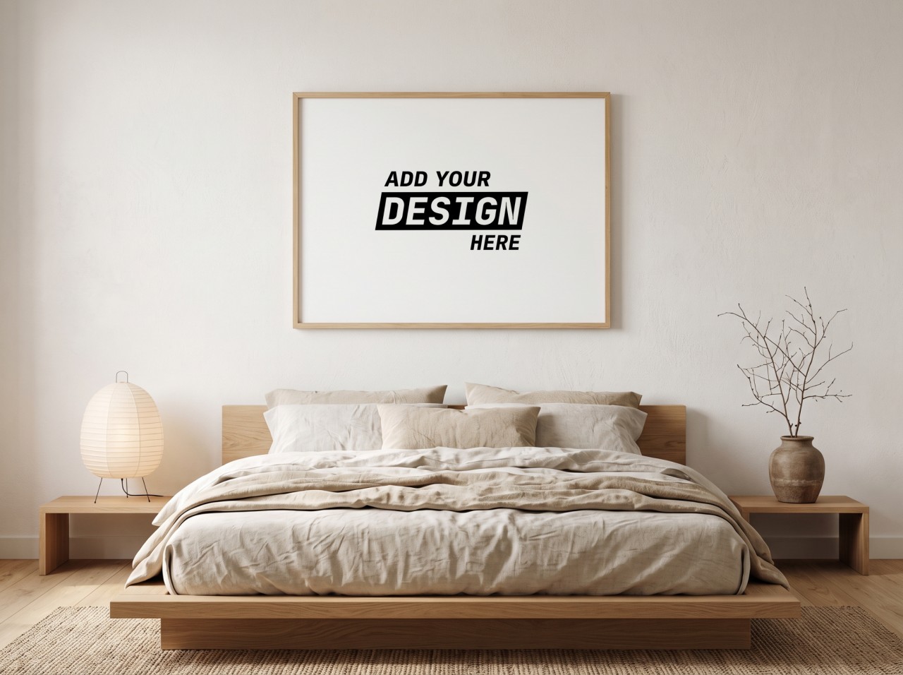 Landscape Oak Frame Japandi Bedroom Mockup