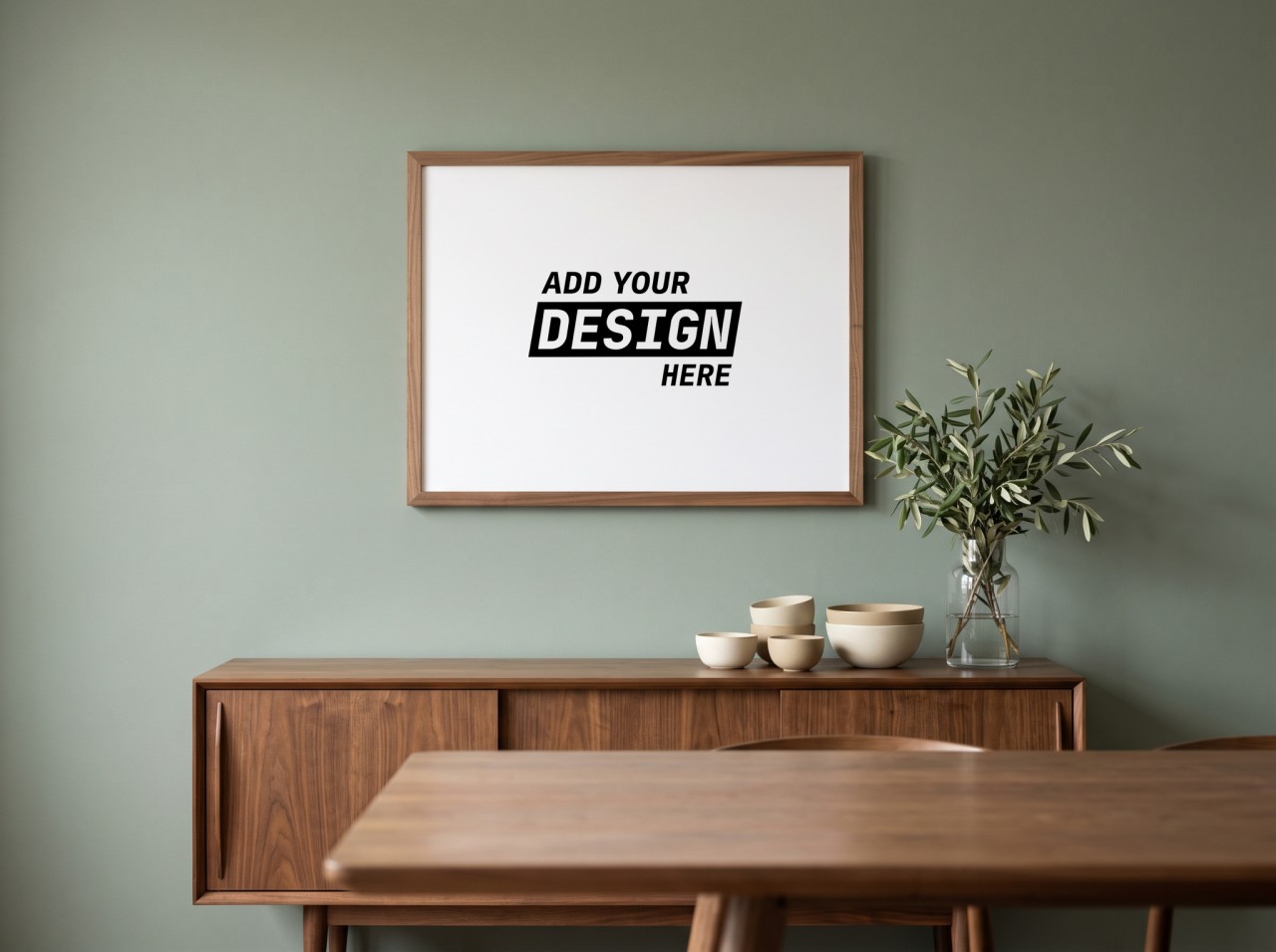 Landscape Walnut Frame Sage Dining Room Mockup