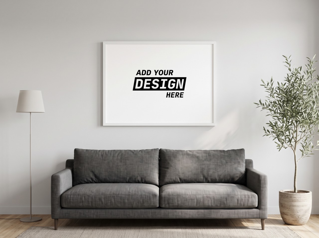 Landscape White Frame Grey Sofa Mockup