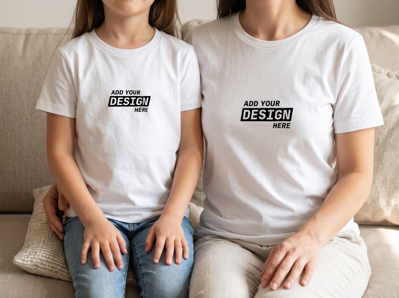 Matching White T-Shirts Mockup on a Mum and Daughter on a Sofa