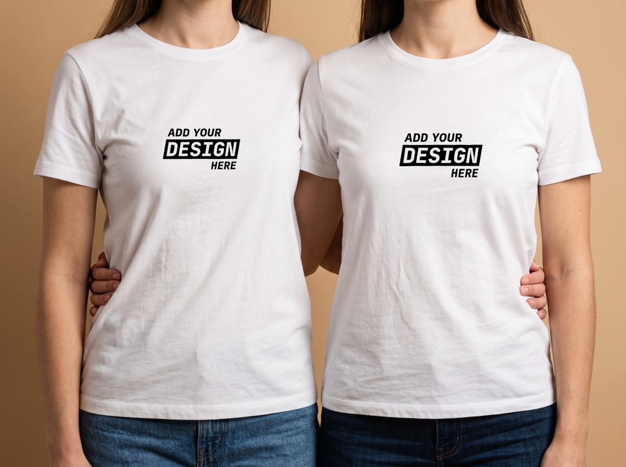 Matching White T-Shirts Mockup on Two Friends in a Studio