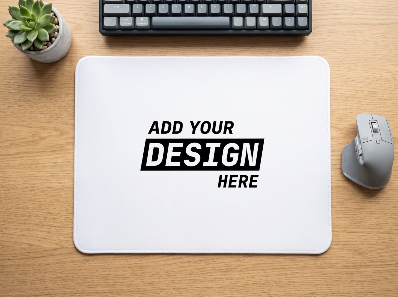 Mouse Pad Mockup on an Oak Desk with Keyboard