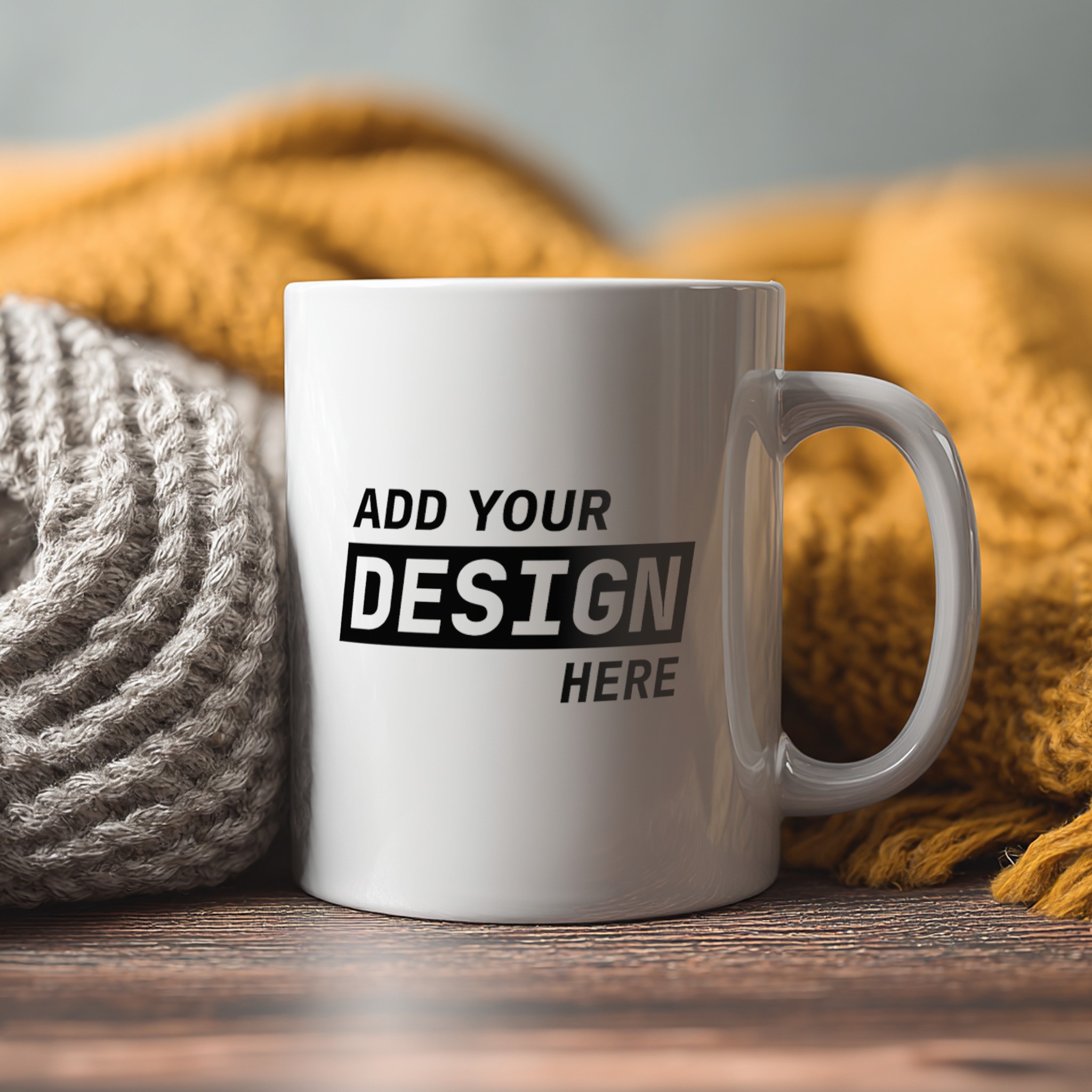 White Mug Mockup on Table with Scarves