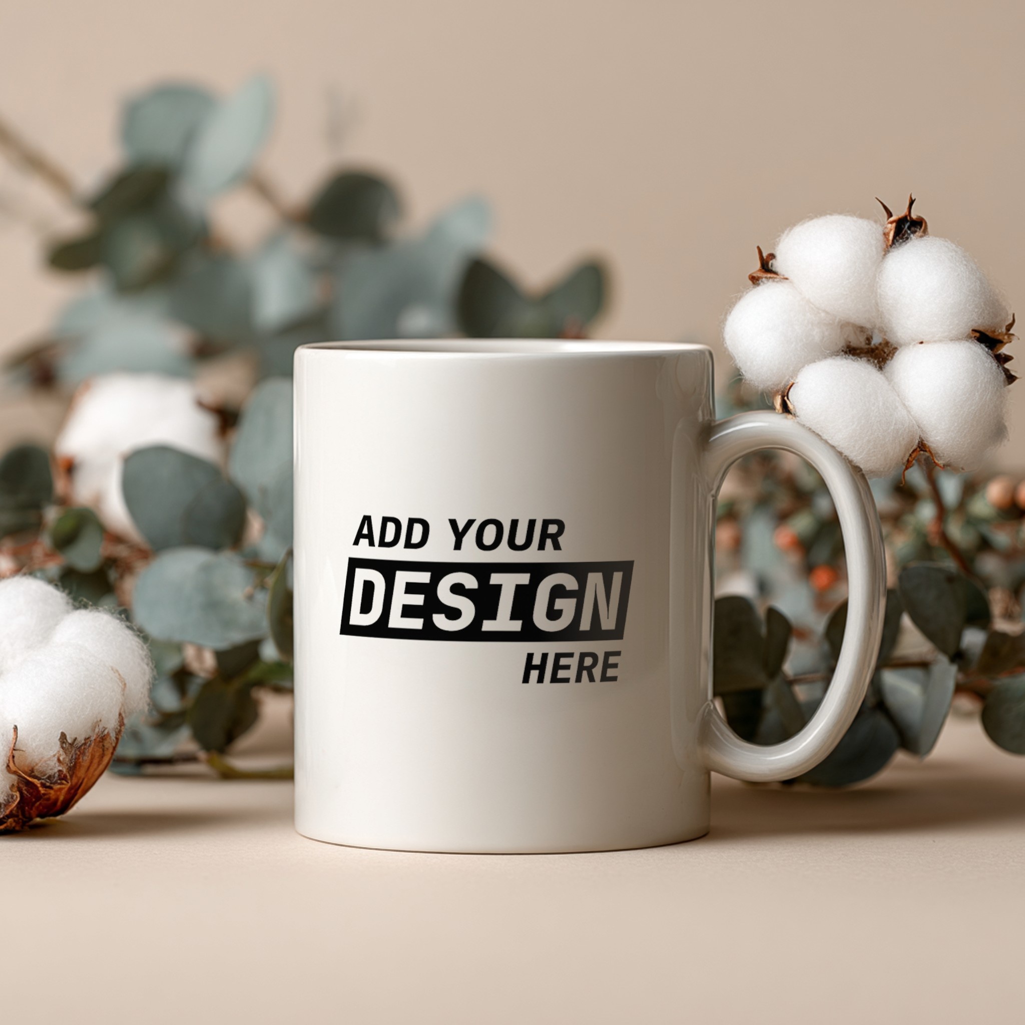 White Mug Mockup with Cotton Balls