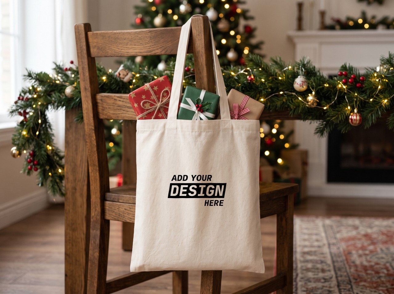 Natural Tote Bag Mockup with Christmas Gifts on a Wooden Chair