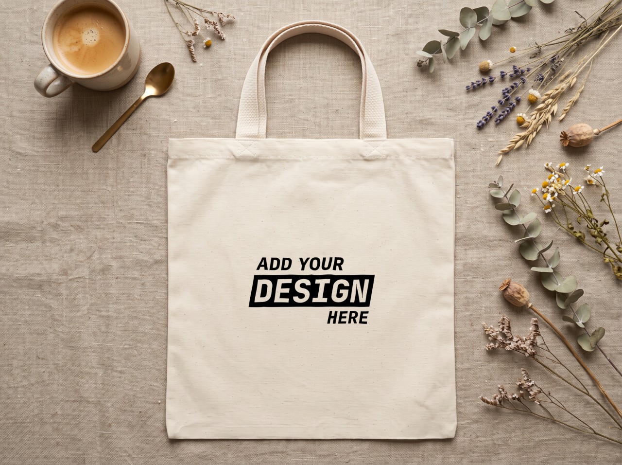 Natural Canvas Tote Bag Mockup, Flat Lay on Linen