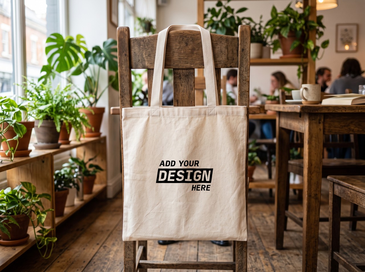 Natural Tote Bag Mockup on a Wooden Cafe Chair