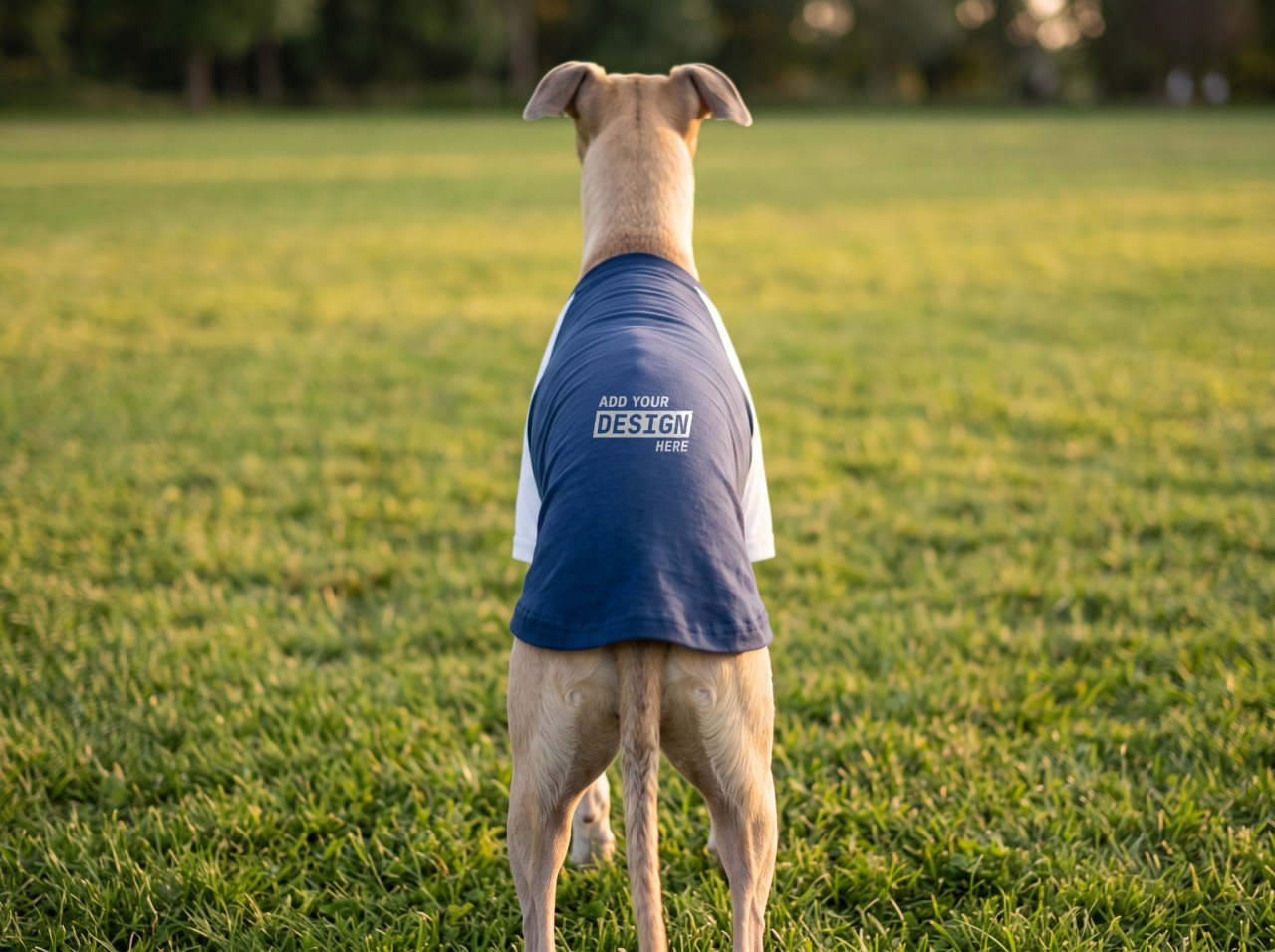 Navy Dog Raglan T-Shirt Mockup on a Whippet in a Park