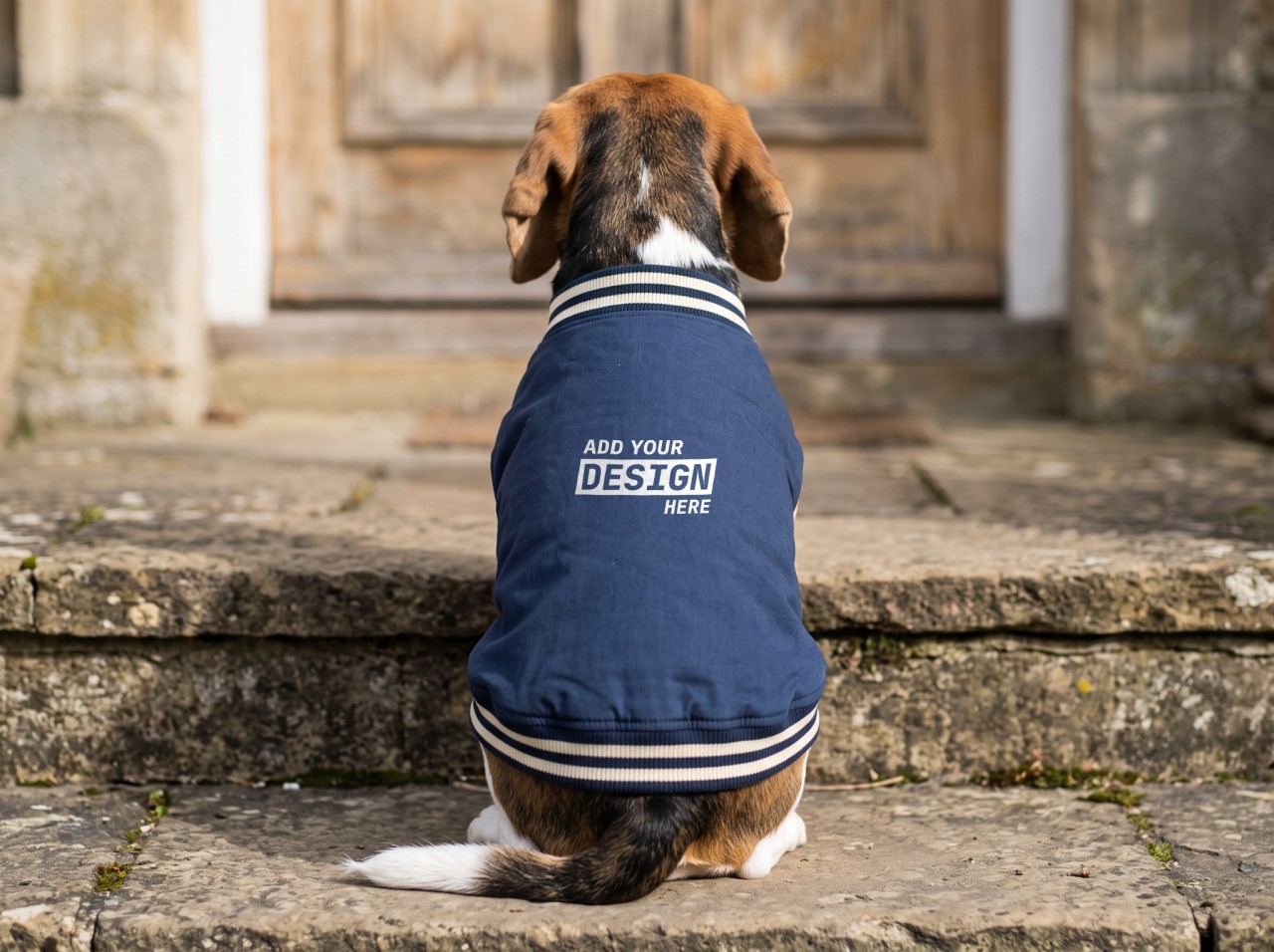 Navy Dog Varsity Jacket Mockup on a Beagle on Stone Steps