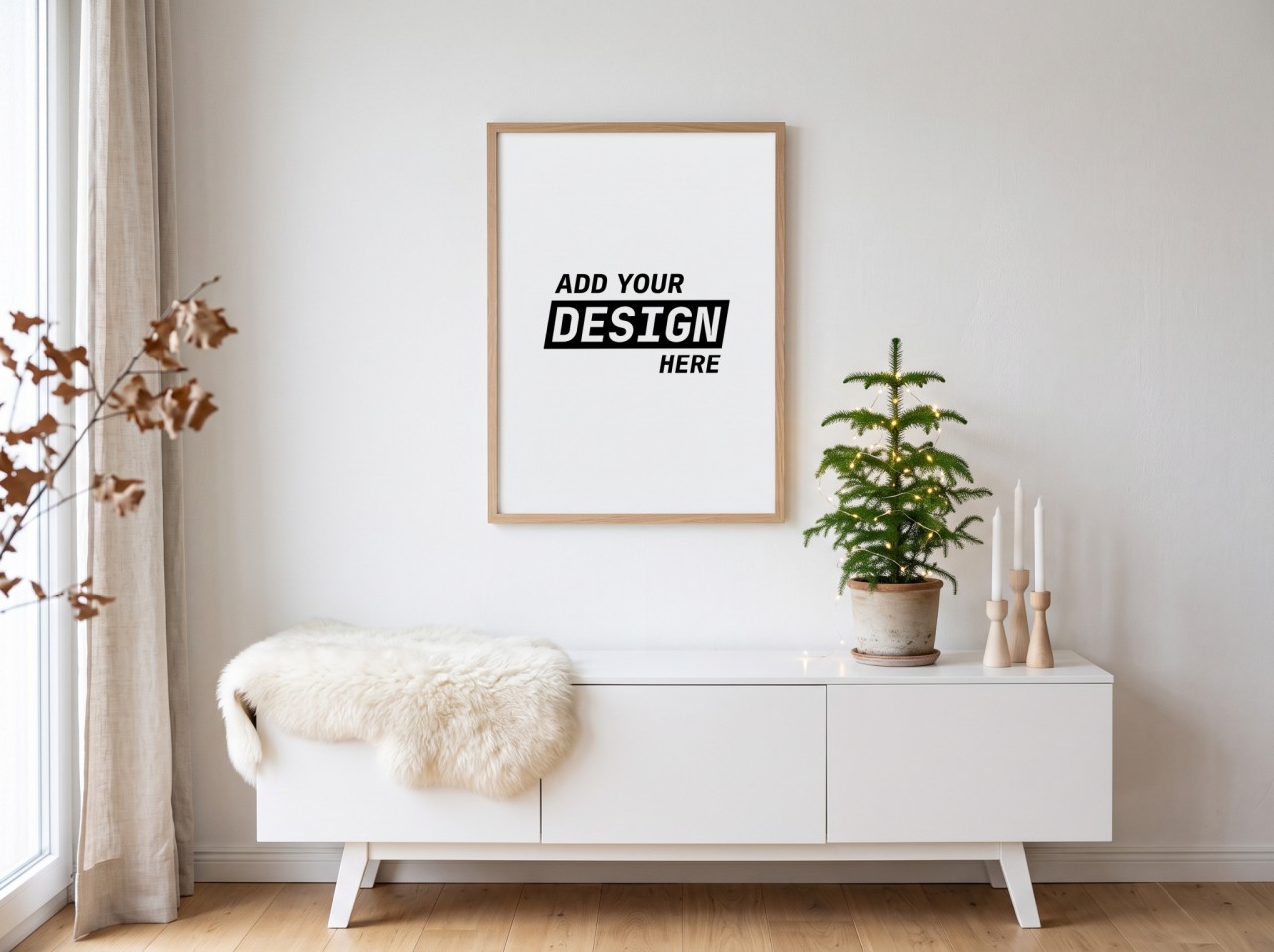 Oak Frame Christmas Poster Mockup in a Nordic Minimal Room with a Potted Pine