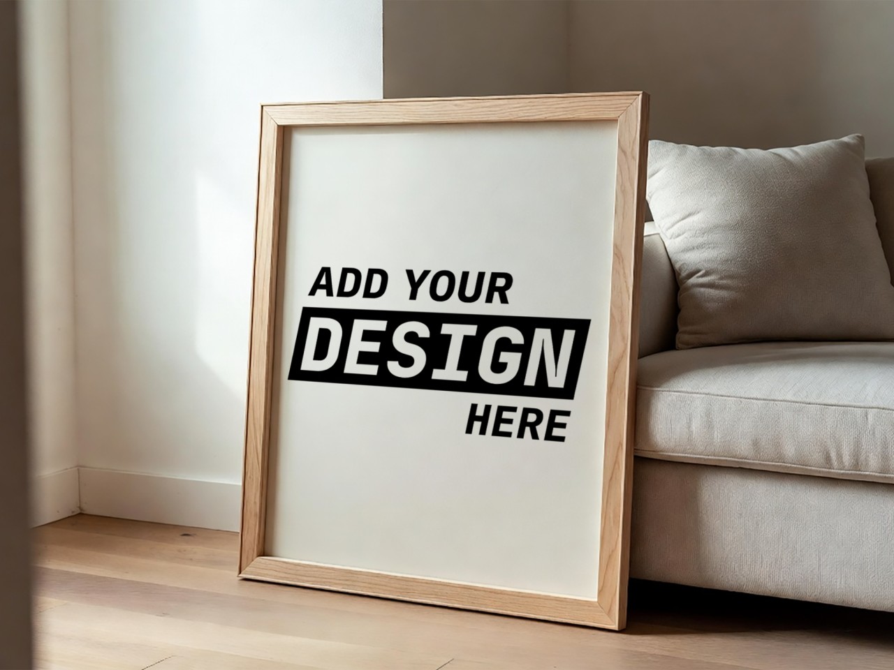Oak Frame Leaning on Beige Sofa