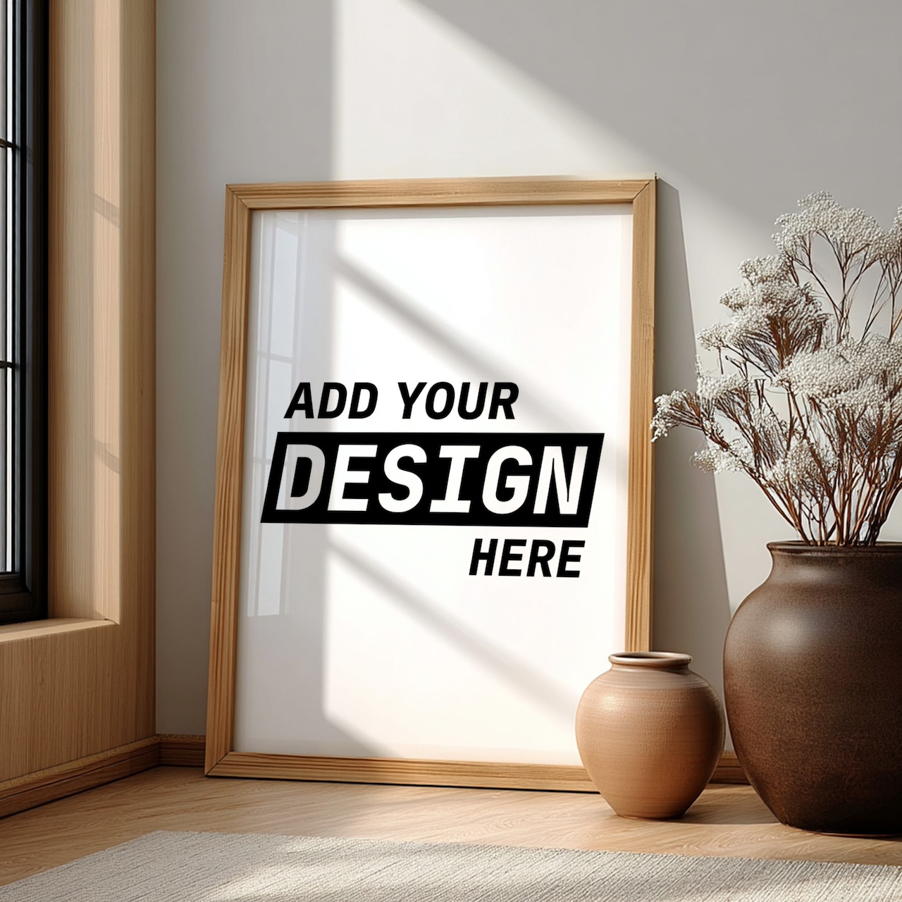 Oak Frame Mockup in Bright Living Room