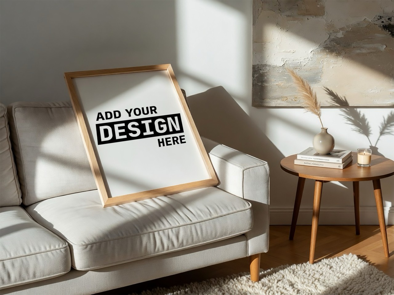 Oak Frame Resting on White Sofa
