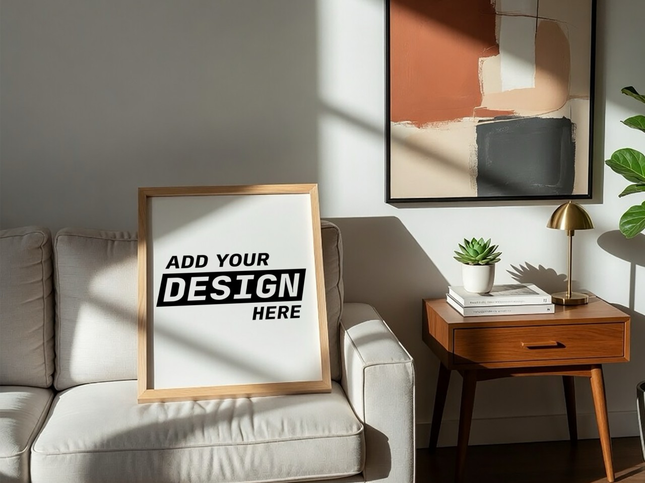 Oak Frame on Sofa with Abstract Art