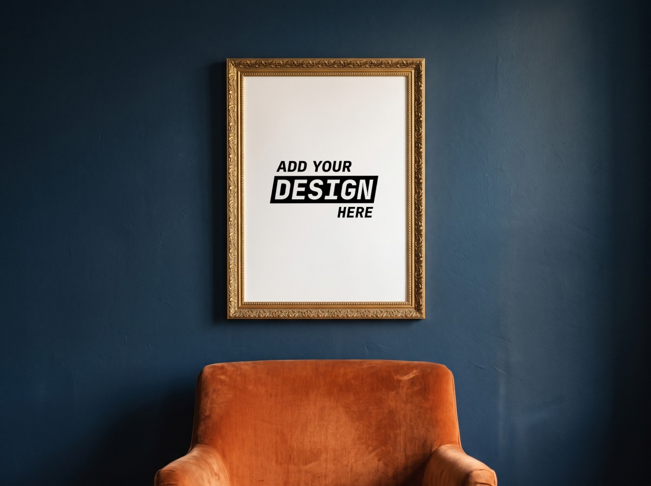 Ornate Gold Frame Mockup on a Navy Wall above a Velvet Chair