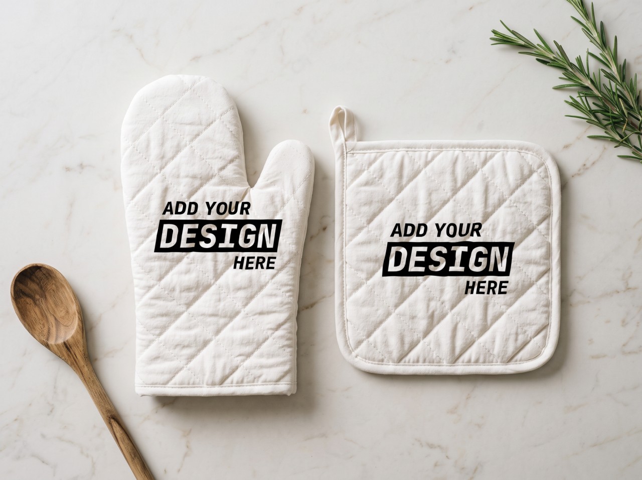 Oven Mitt and Pot Holder Set Mockup on a Marble Counter