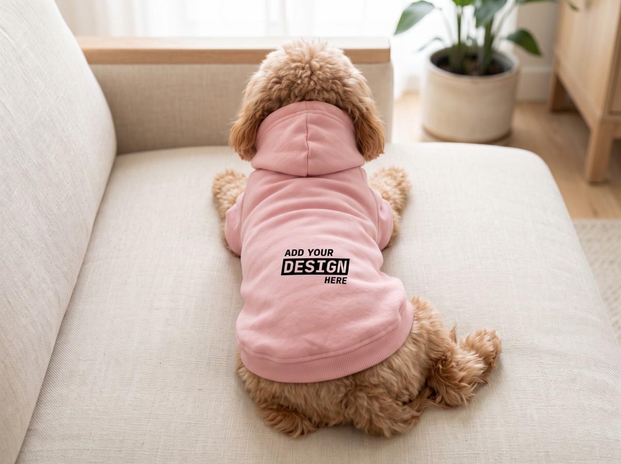 Pink Dog Hoodie Mockup on a Cavapoo on a Linen Sofa