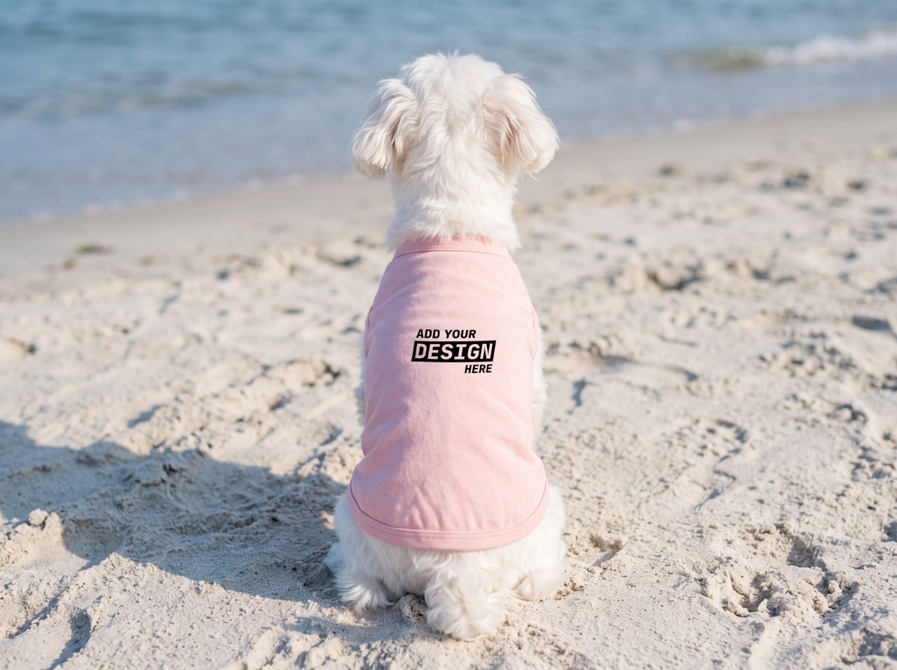 Pink Dog T-Shirt Mockup on a Maltese at the Beach