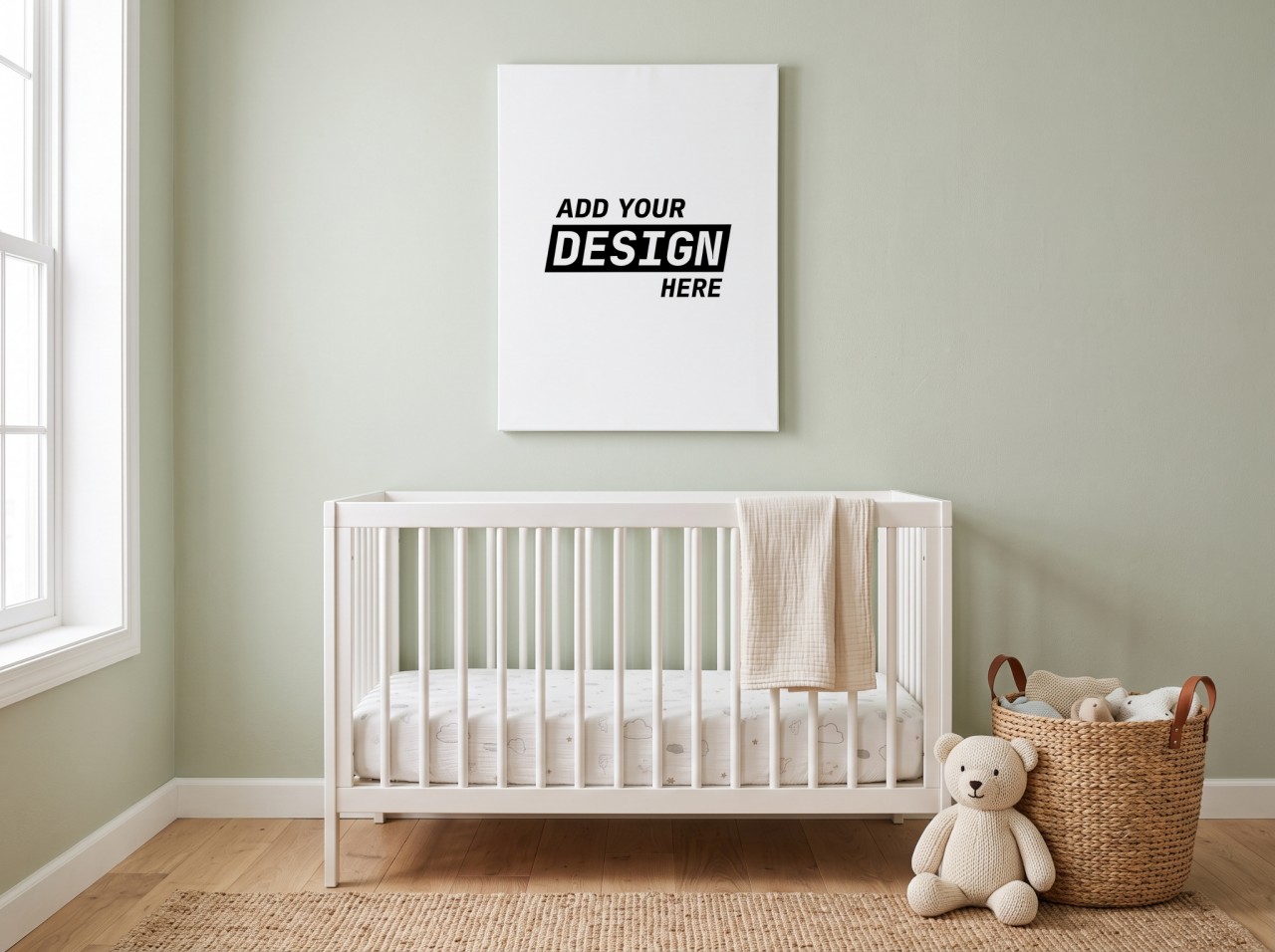 Portrait Canvas Mockup Above a Crib in a Sage Nursery
