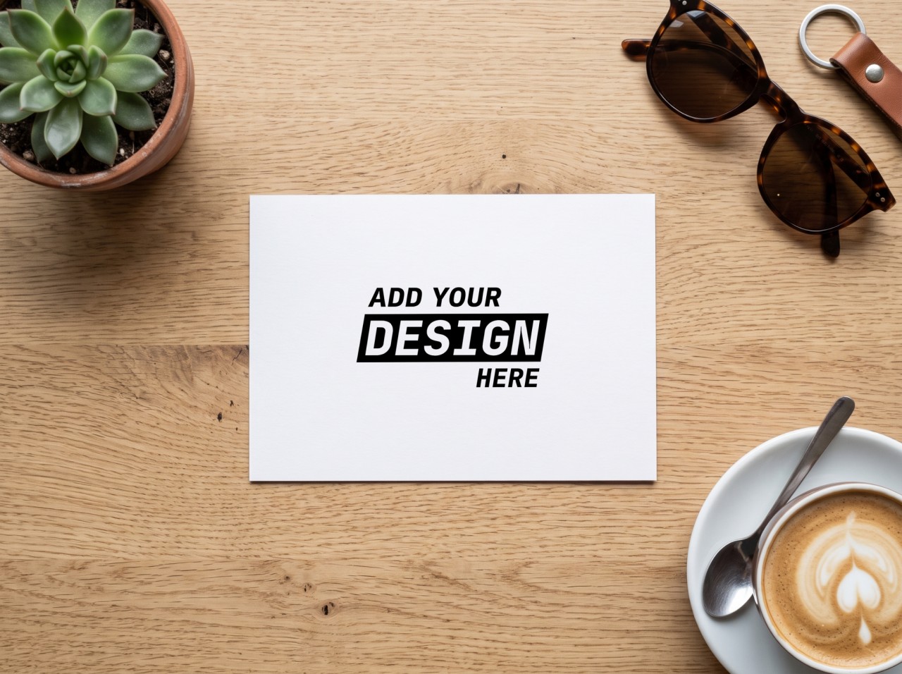 Postcard Mockup on an Oak Cafe Table