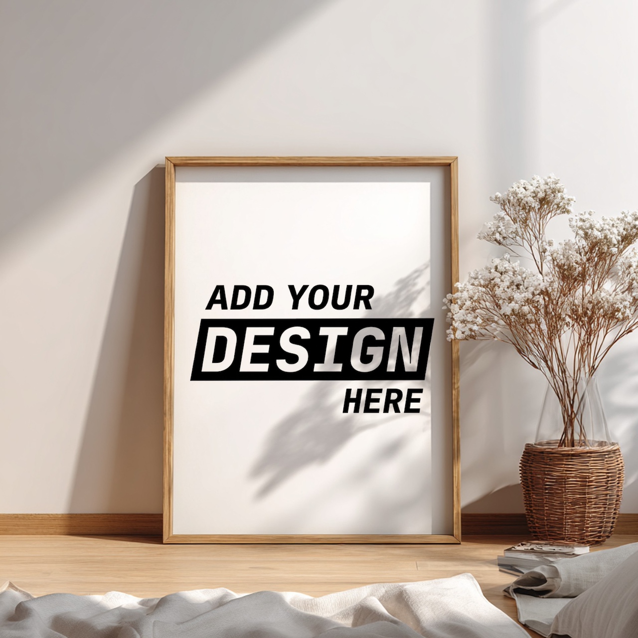 Oak Frame Mockup on Bright Bedroom Floor