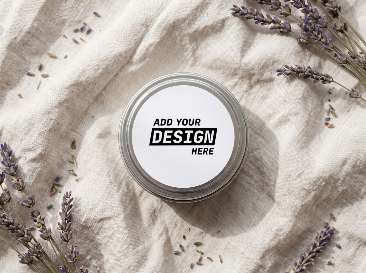Round Candle Tin Lid Label Mockup on Linen