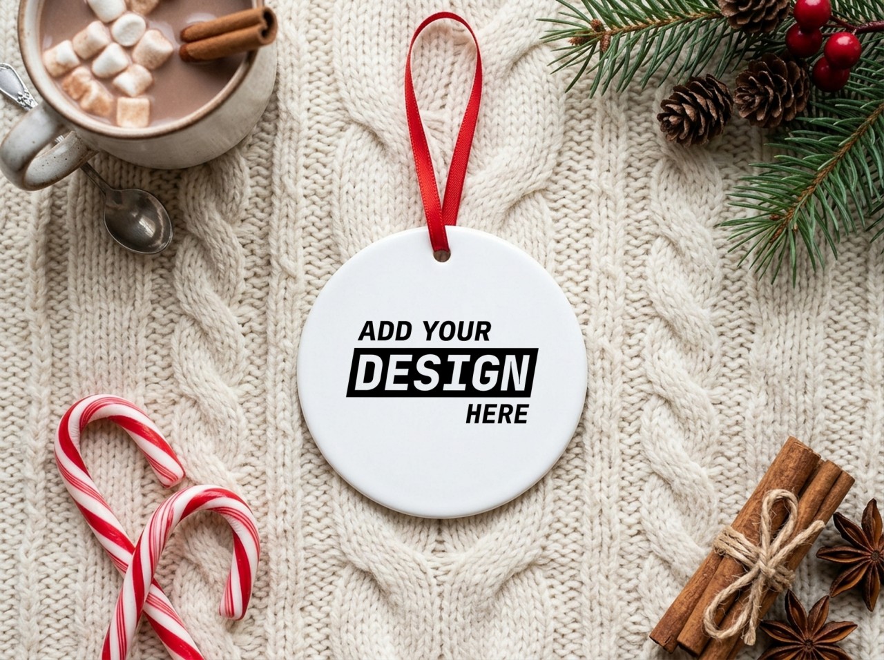 Round Ceramic Ornament Mockup on a Cable Knit with Cocoa and Candy Canes