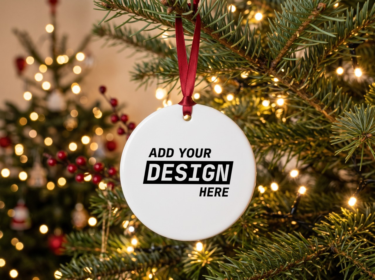 Round Ceramic Ornament Mockup Hanging on a Christmas Tree