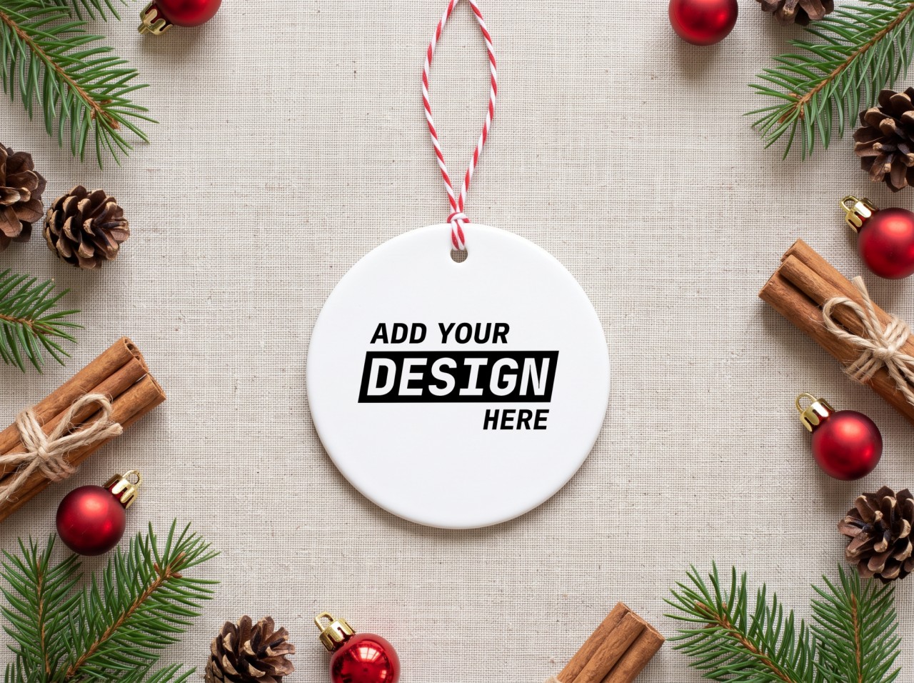 Round Ceramic Christmas Ornament Mockup Flat Lay with Pine