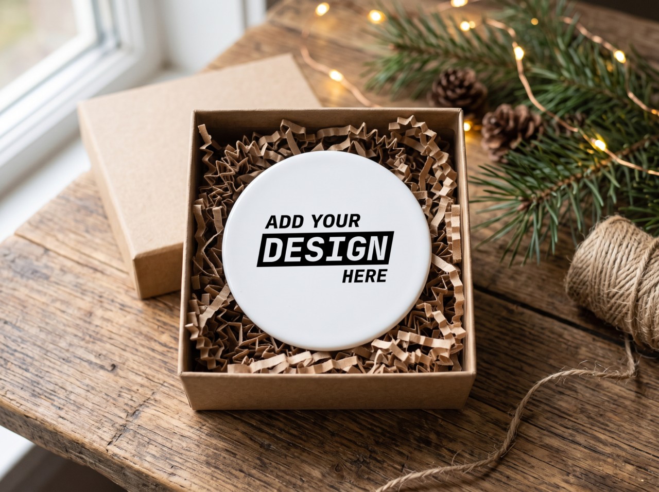 Round Ceramic Ornament Mockup in a Kraft Gift Box